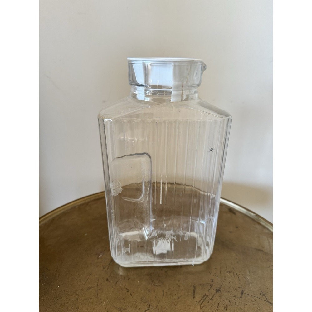 Mid Century Mod Quart Milk Container Glass Rectangle Ribbed Indented Handle